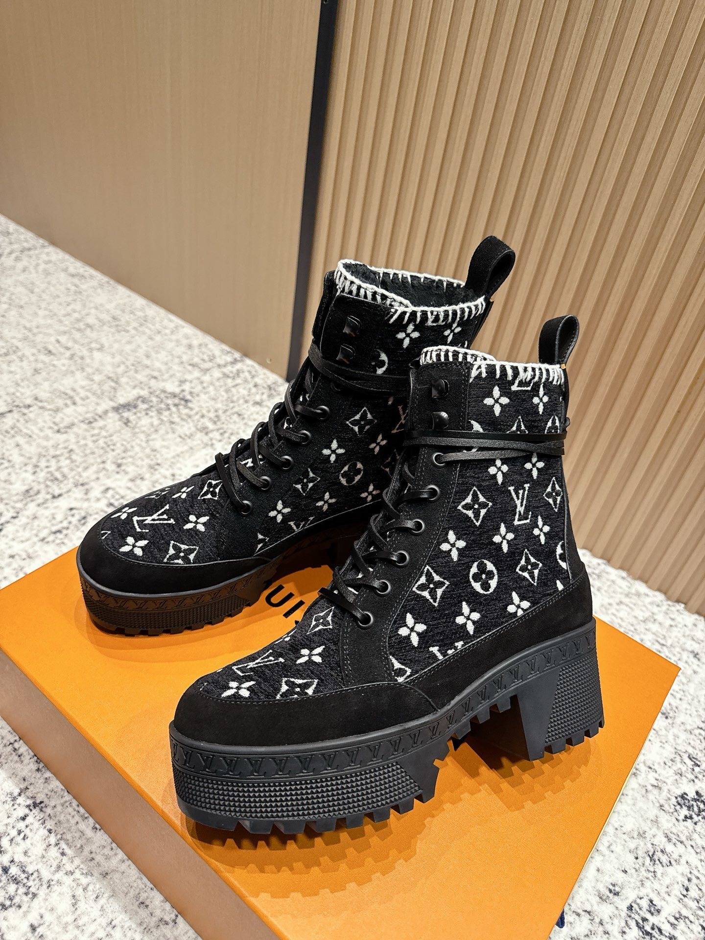 Louis Vuitton Black Monogram Jacquard Lace-Up Ankle Boots