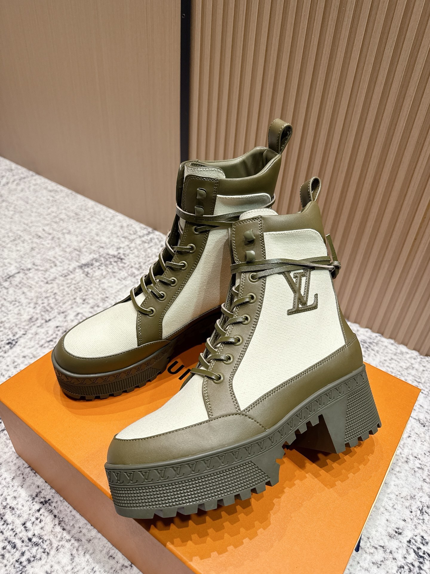Luxury Women's Olive Green & Cream Canvas Combat Boots