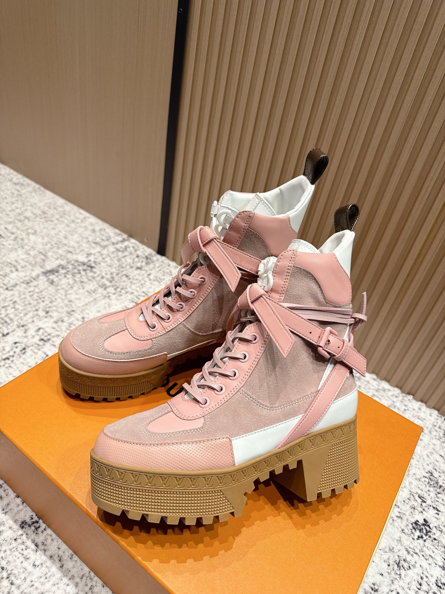 Louis Vuitton Women's Pink Leather & Suede Platform Ankle Boots