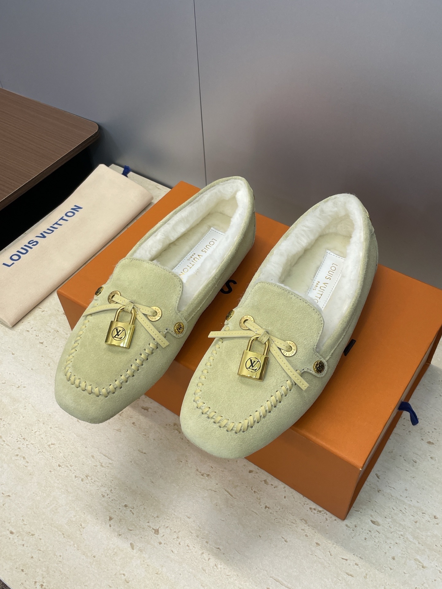 Louis Vuitton Suede Moccasins with Shearling Lining and LV Padlock