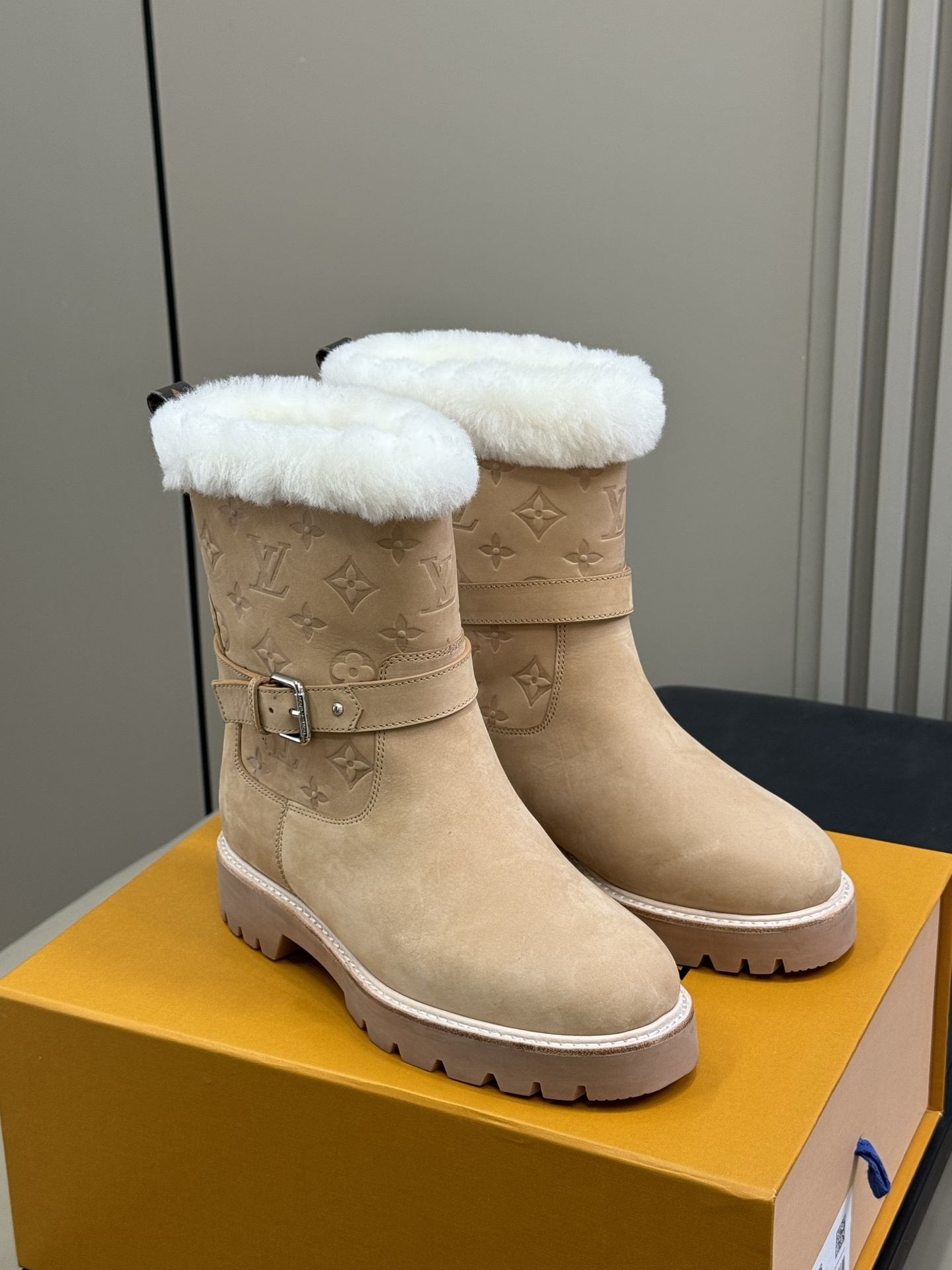 Louis Vuitton Monogram Embossed Suede Shearling Winter Boots