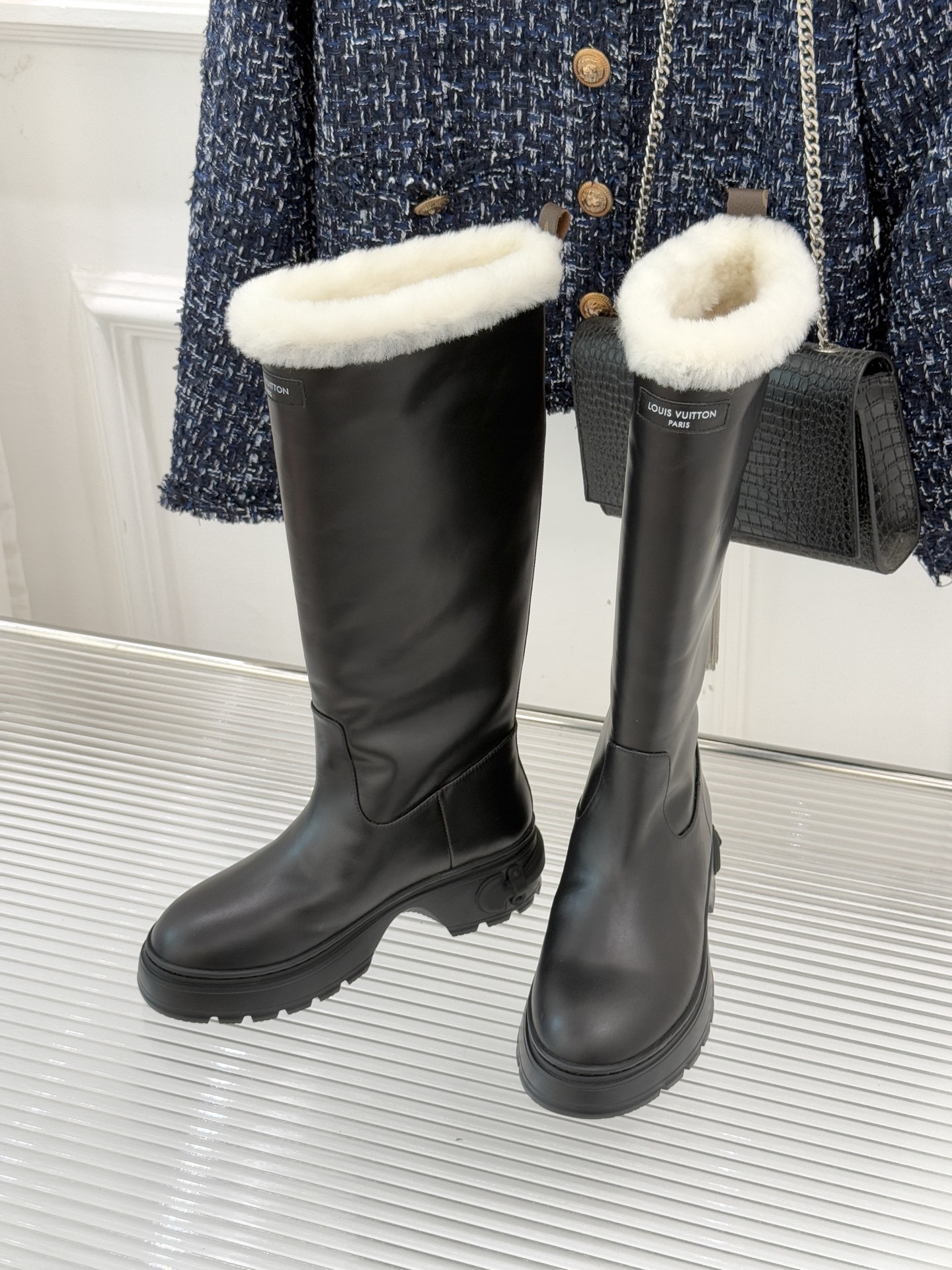 Louis Vuitton Territory Flat High Boot with White Fur Trim - Black
