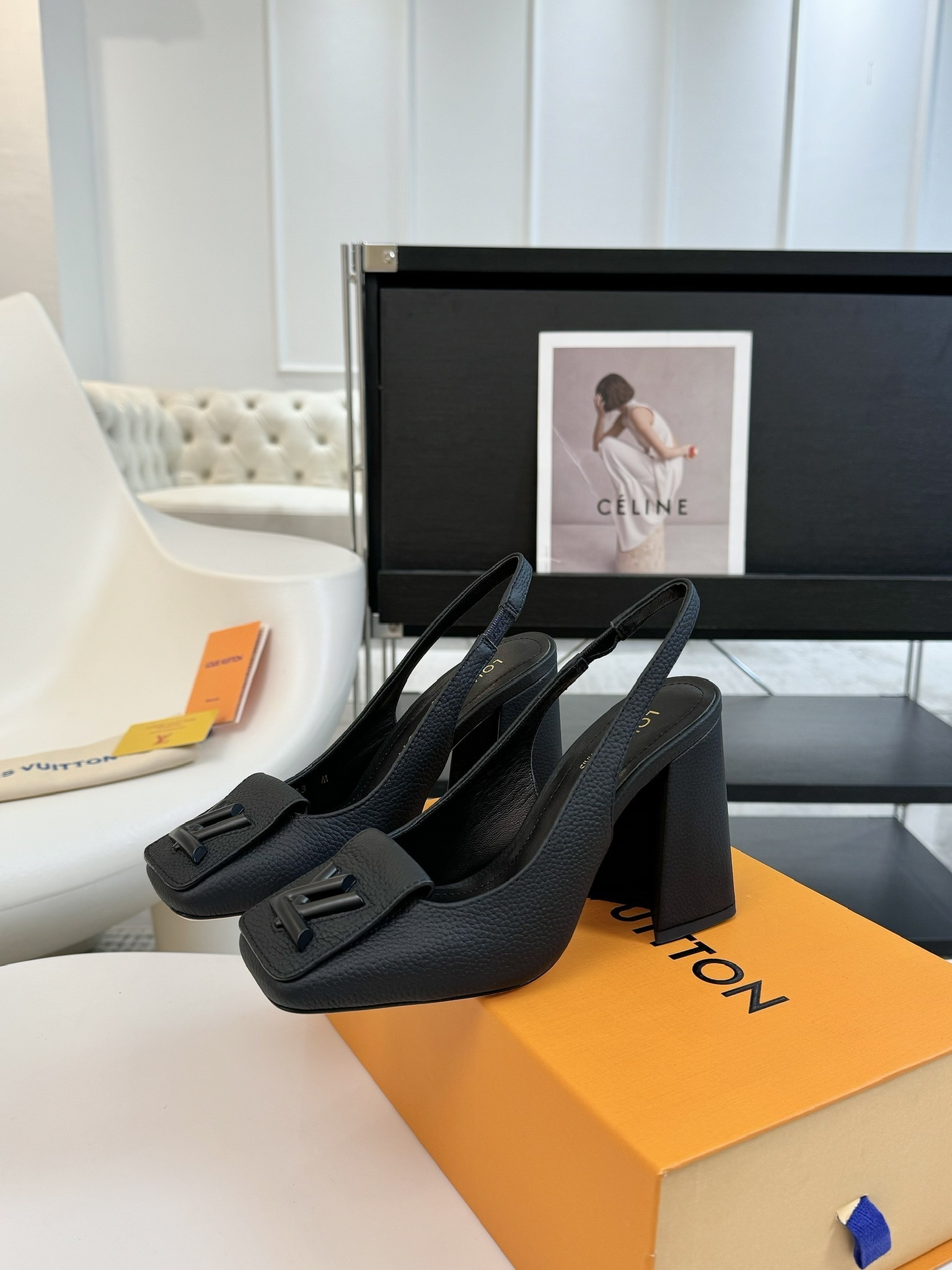Louis Vuitton Black Leather Slingback Pumps with Matte LV Logo