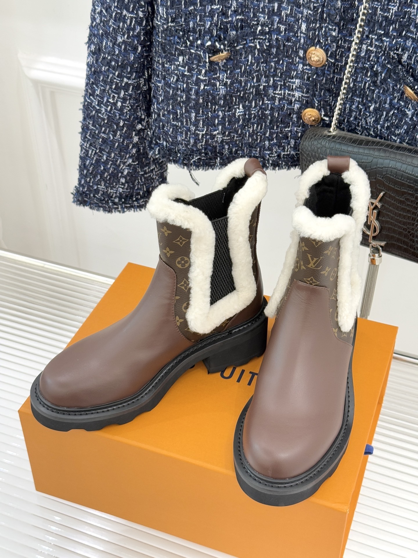 Louis Vuitton Monogram Leather & Shearling Winter Boots