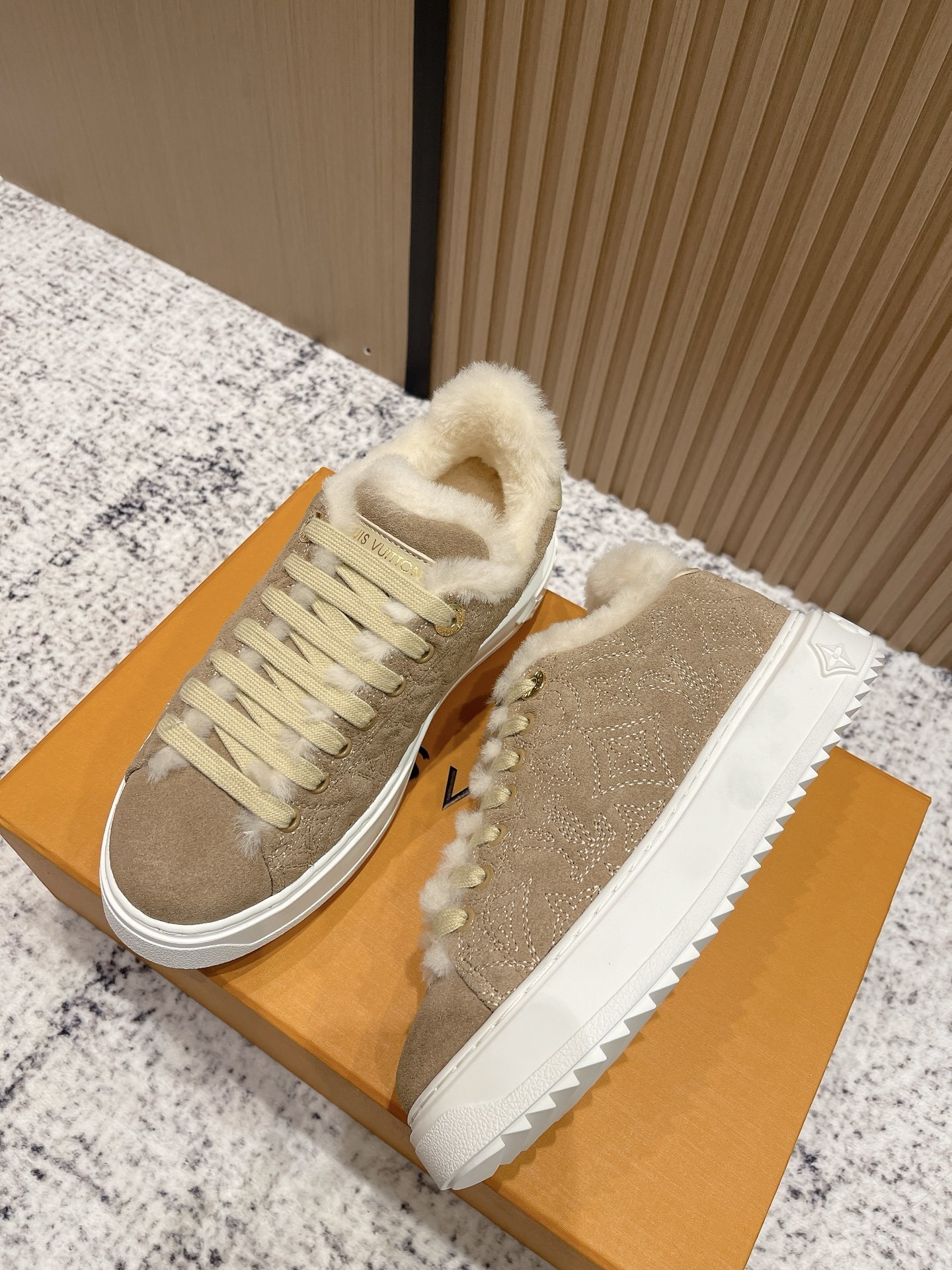 Louis Vuitton Women's Beige Suede Shearling Fur Sneakers
