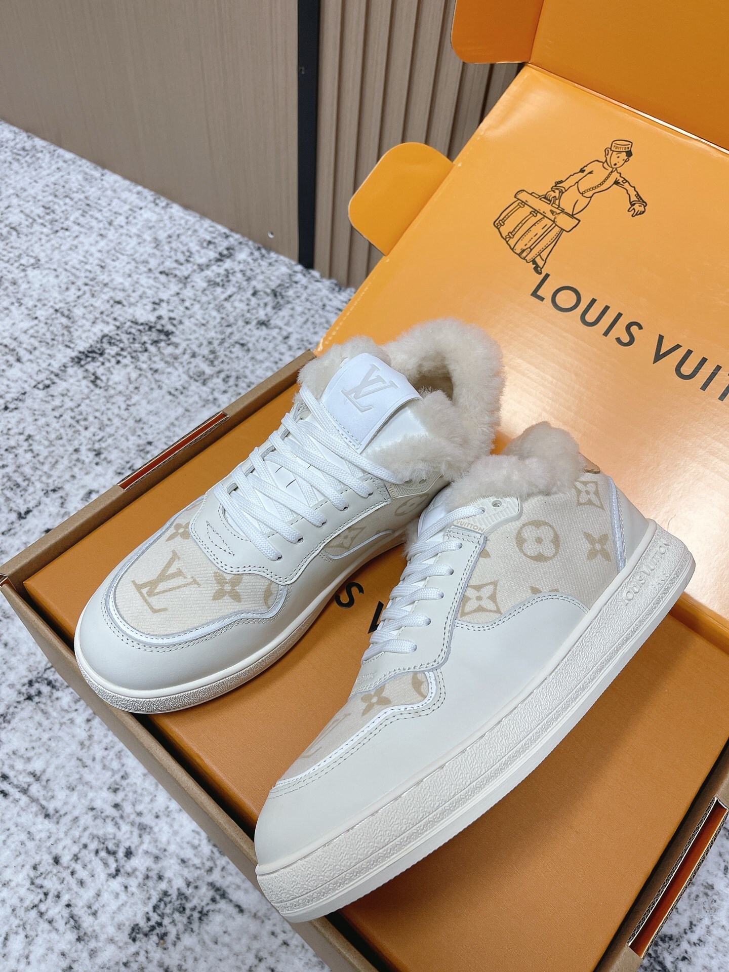 Louis Vuitton White Monogram Shearling Fur-Lined Sneakers
