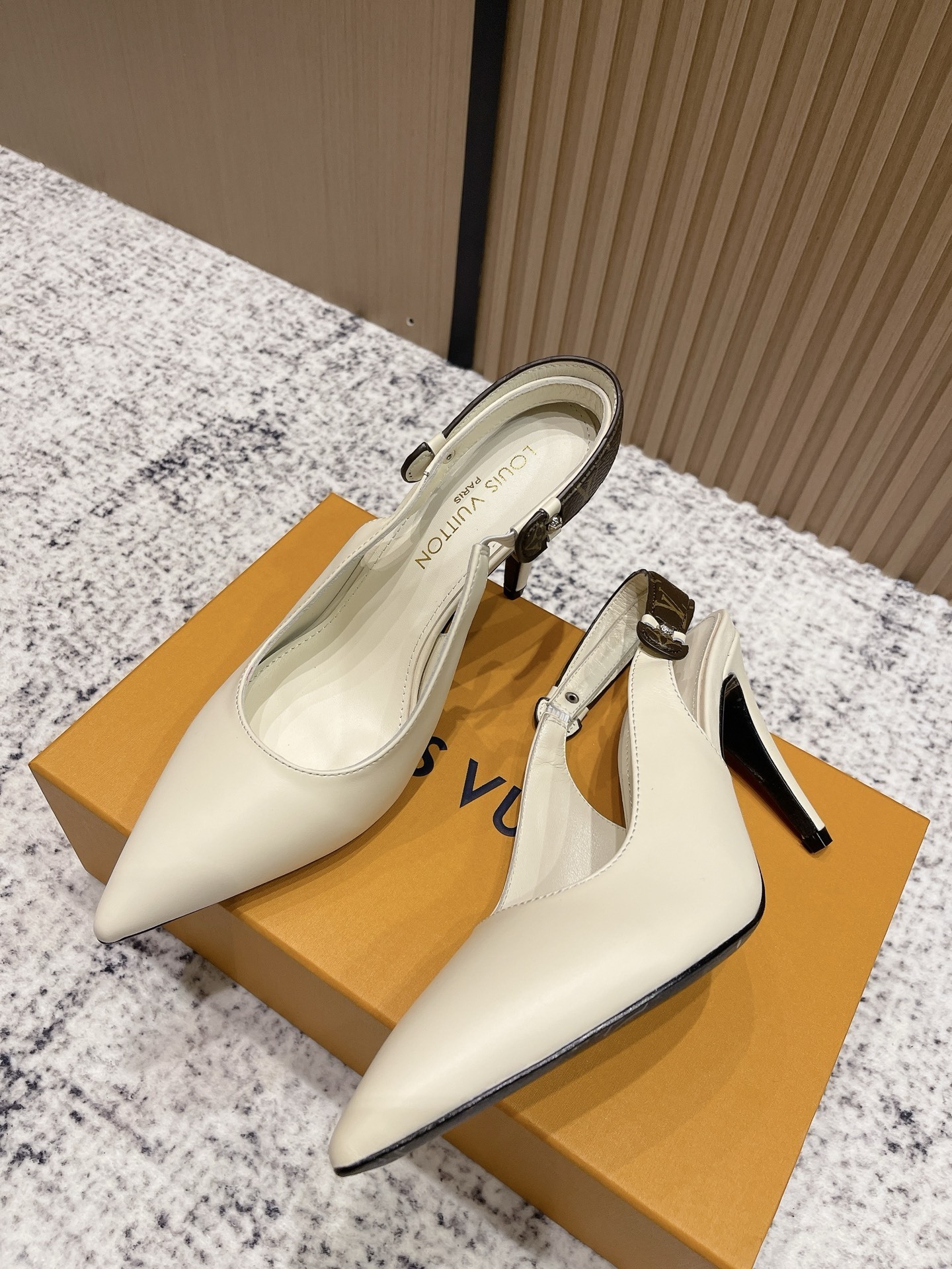 Louis Vuitton Signature Monogram Cream Leather Slingback Pumps