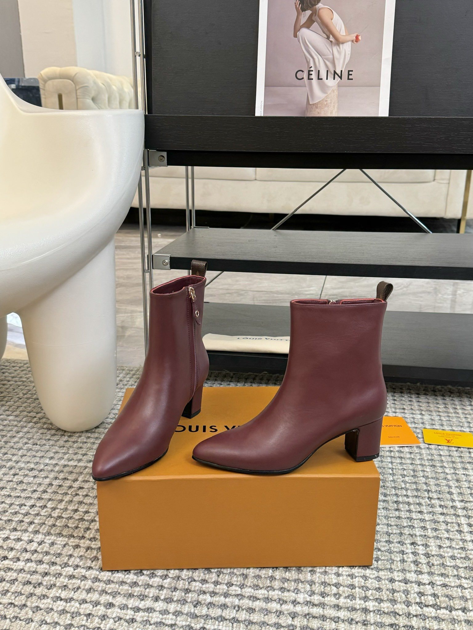 Louis Vuitton Burgundy Leather Ankle Boots - Monogram Detail