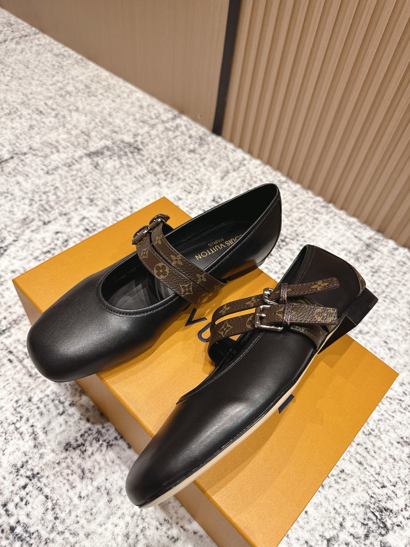 Louis Vuitton Black Leather Mary Jane Flats with Monogram Strap