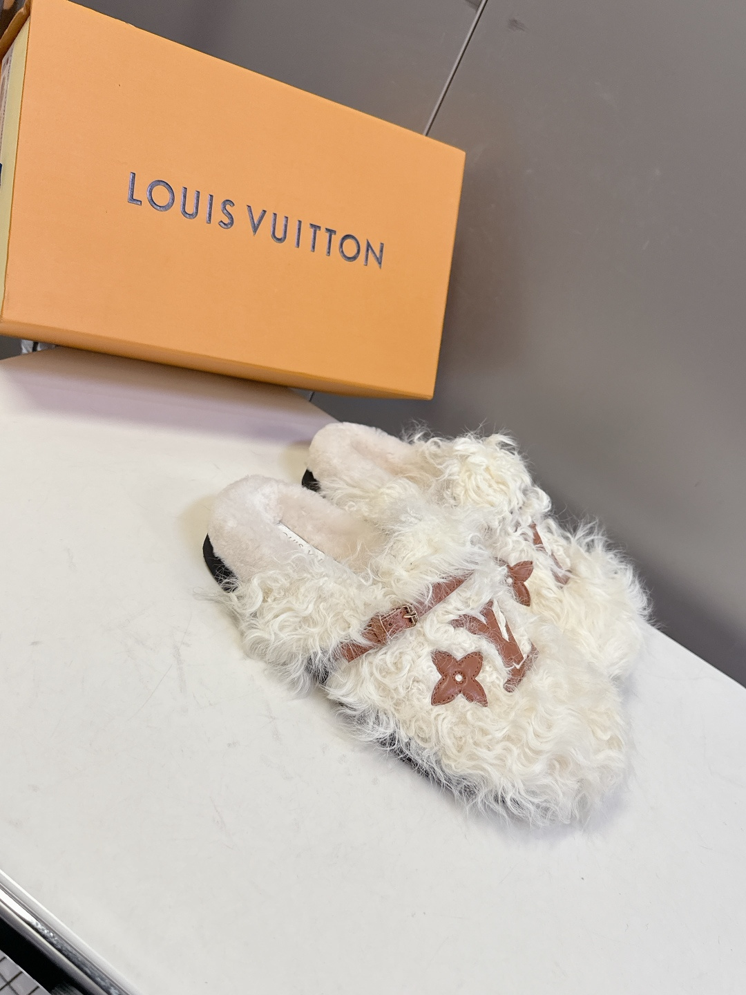 Louis Vuitton White Shearling Monogram Comfort Mules