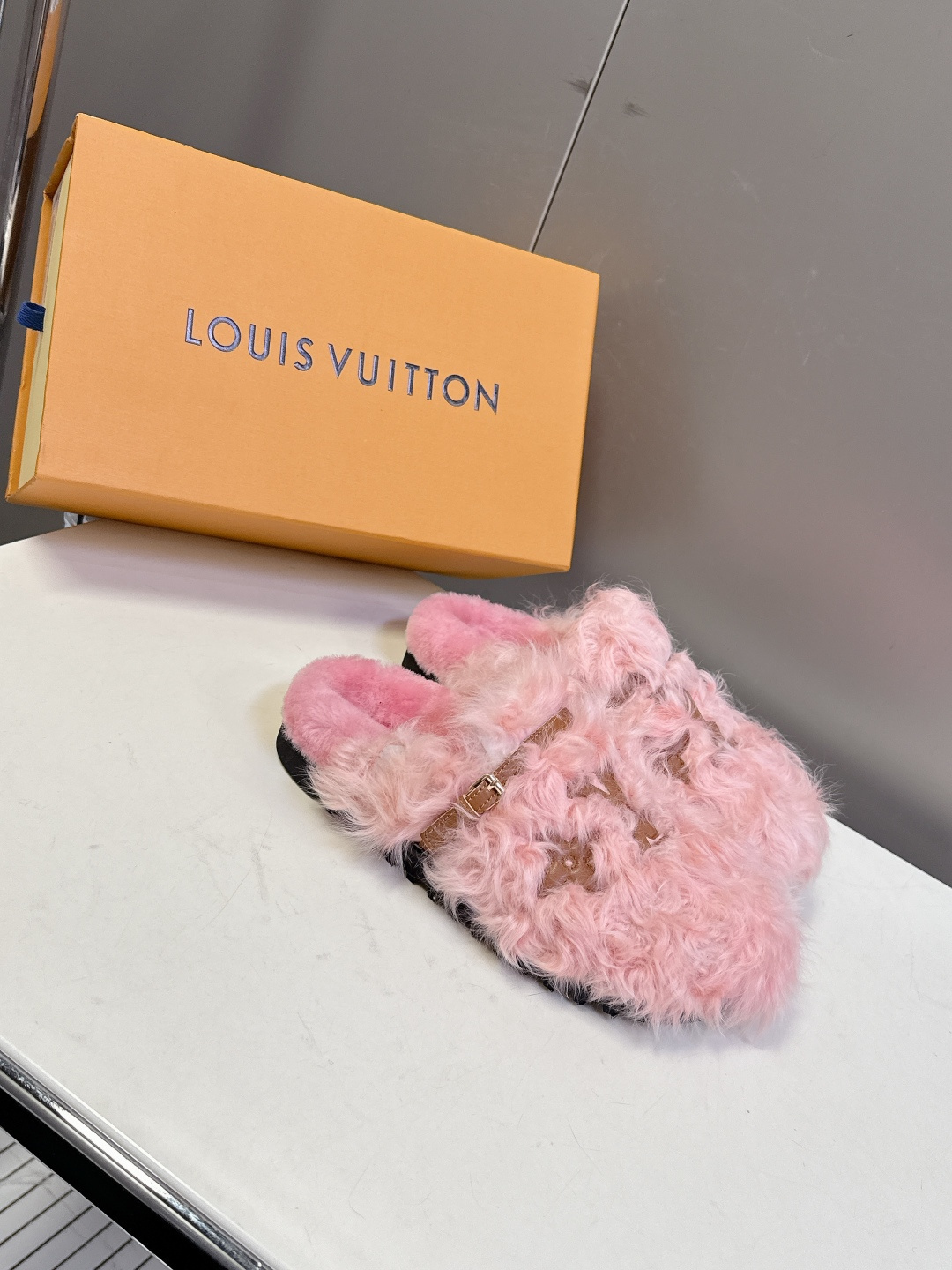 Louis Vuitton Pink Faux Fur Slippers - Luxury LV Logo Mules