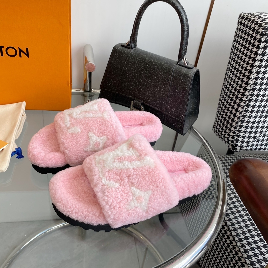 Louis Vuitton Pink Monogram Fuzzy Shearling Comfort Slides