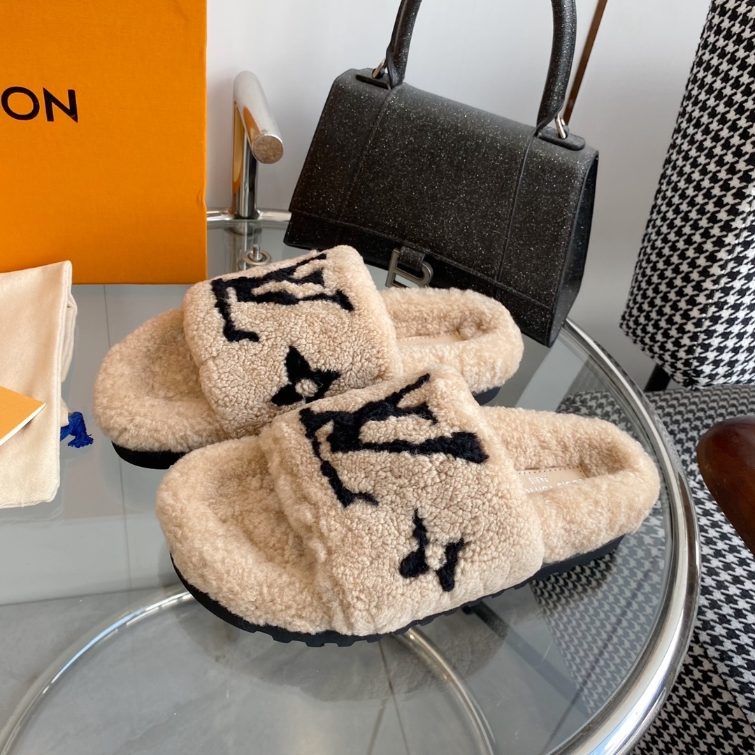 Louis Vuitton Monogram Shearling Slides - Beige Luxury Slippers