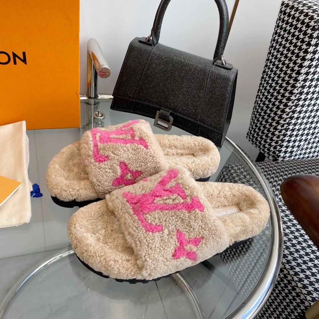 LV Pink Logo Shearling Slides - Luxury Cozy Designer Sandals