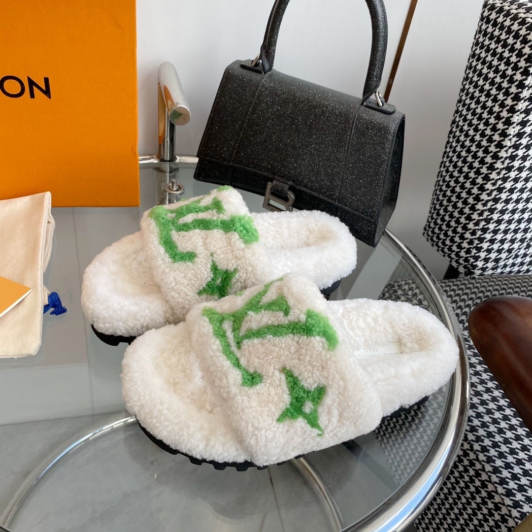 Louis Vuitton Shearling Monogram Slides - White & Green Luxury