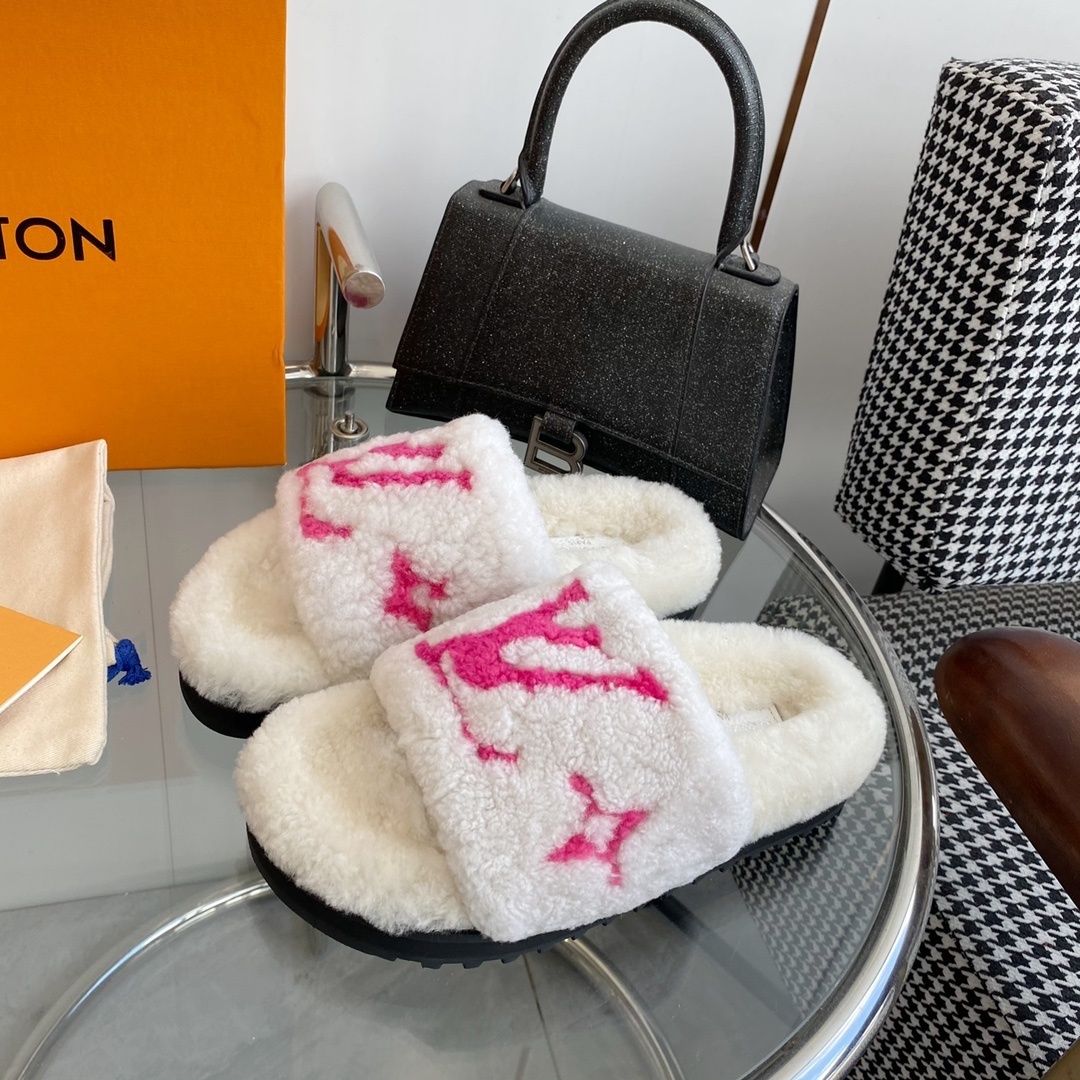 Louis Vuitton White & Pink Shearling Monogram Luxury Slides