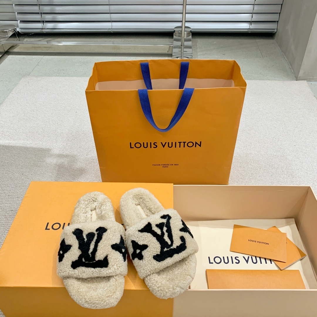 Louis Vuitton Shearling Monogram Slides - Luxury Beige LV Slippers