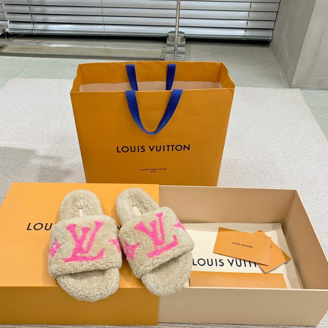 Louis Vuitton Shearling Sliders - Beige & Pink LV Logo Slippers