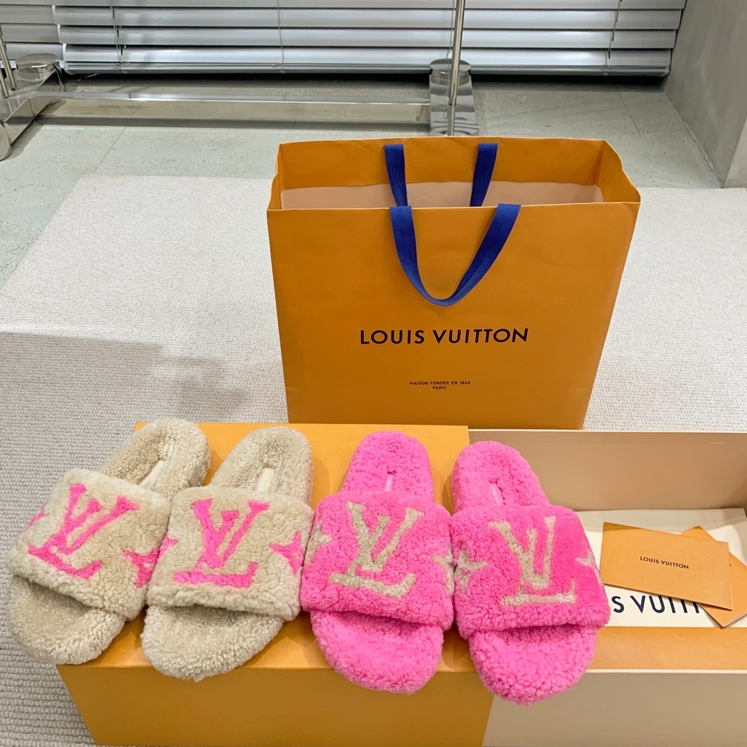 Louis Vuitton Pink Shearling Mules - Luxury Fuzzy Flat Sandals