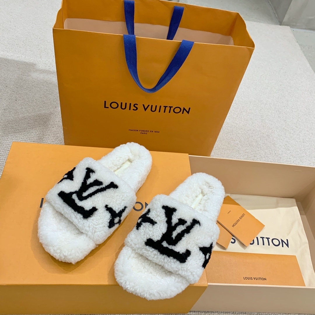 Louis Vuitton White Monogram Shearling Slippers Luxury Slides