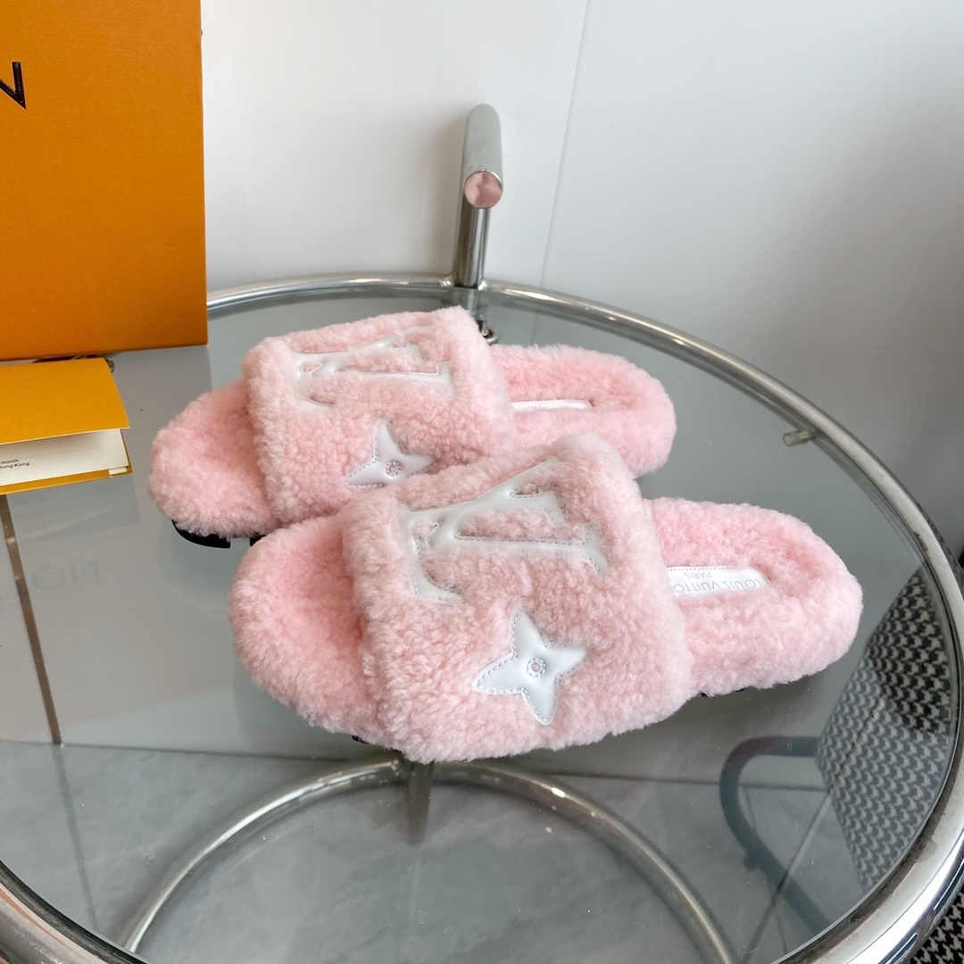 Louis Vuitton Pink Shearling Slides - Luxury LV Comfort Slippers