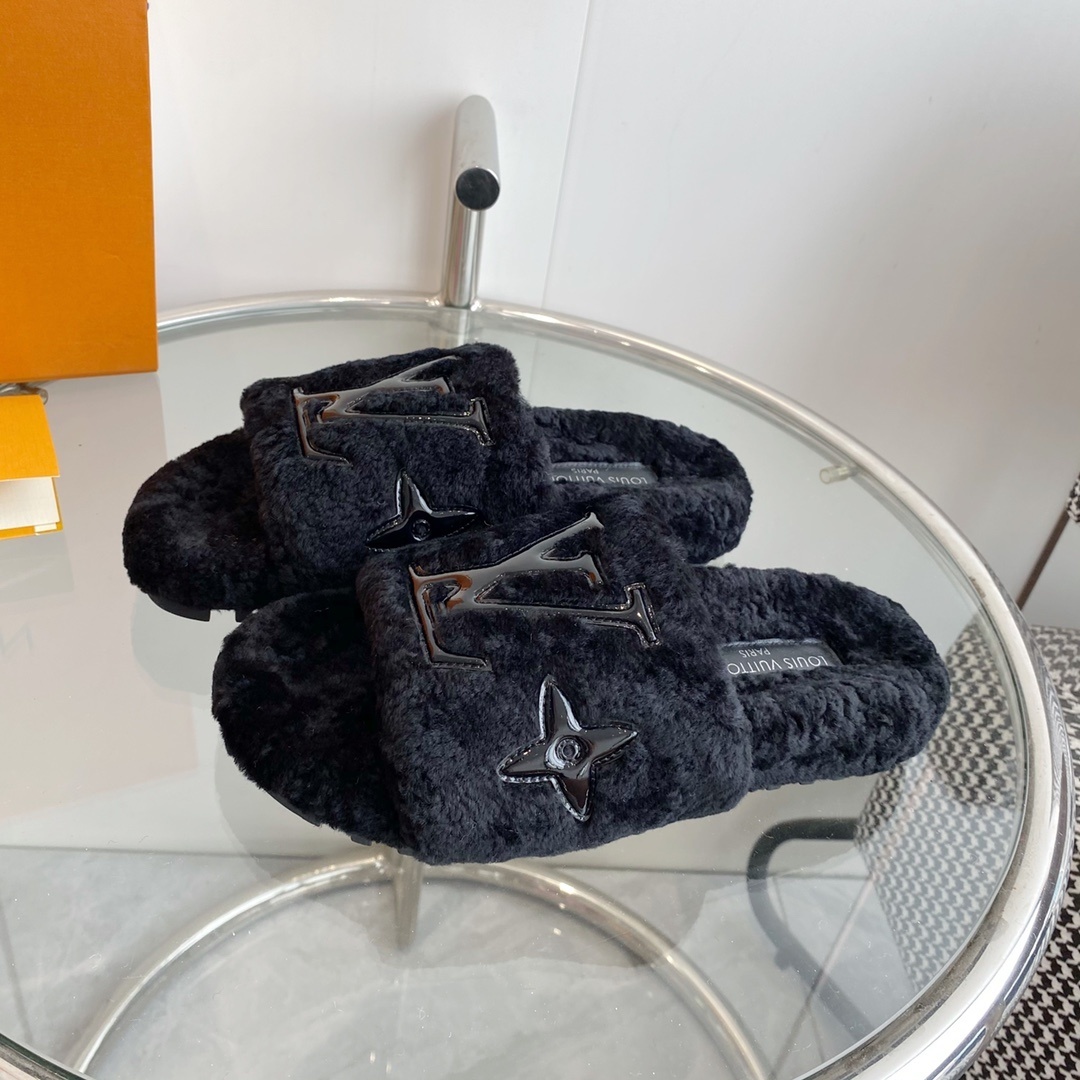 Louis Vuitton Black Shearling Fur Slides - Cozy LV Designer Mules