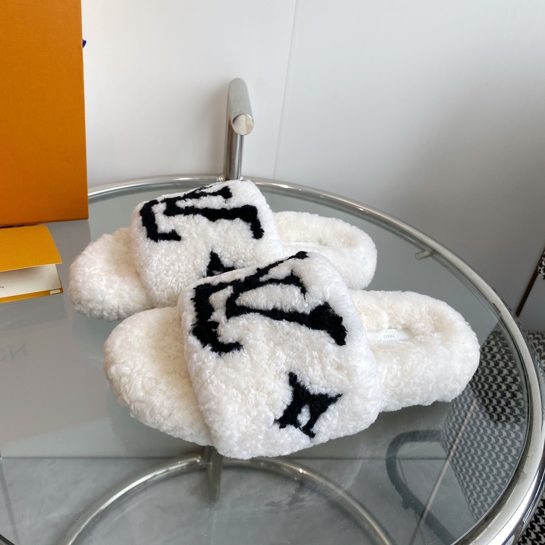 Louis Vuitton Luxury White Shearling Slippers with Black LV Logo