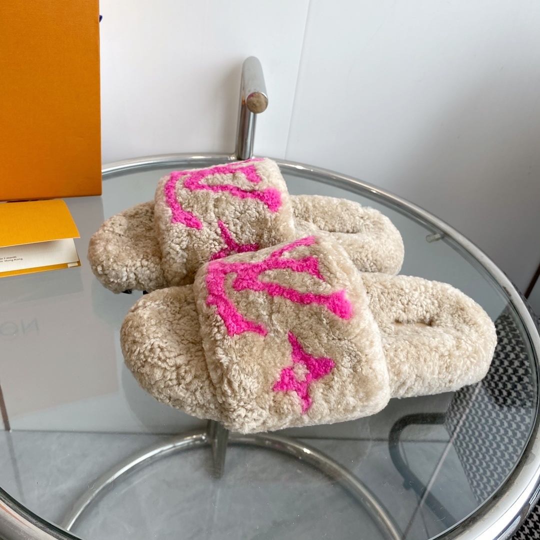 Louis Vuitton Pink Monogram Shearling Slides - Luxury Cozy Mules