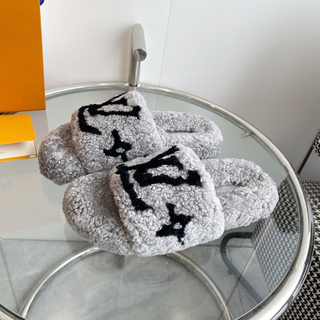 Louis Vuitton Grey Shearling Slides Luxury Fuzzy LV Slippers