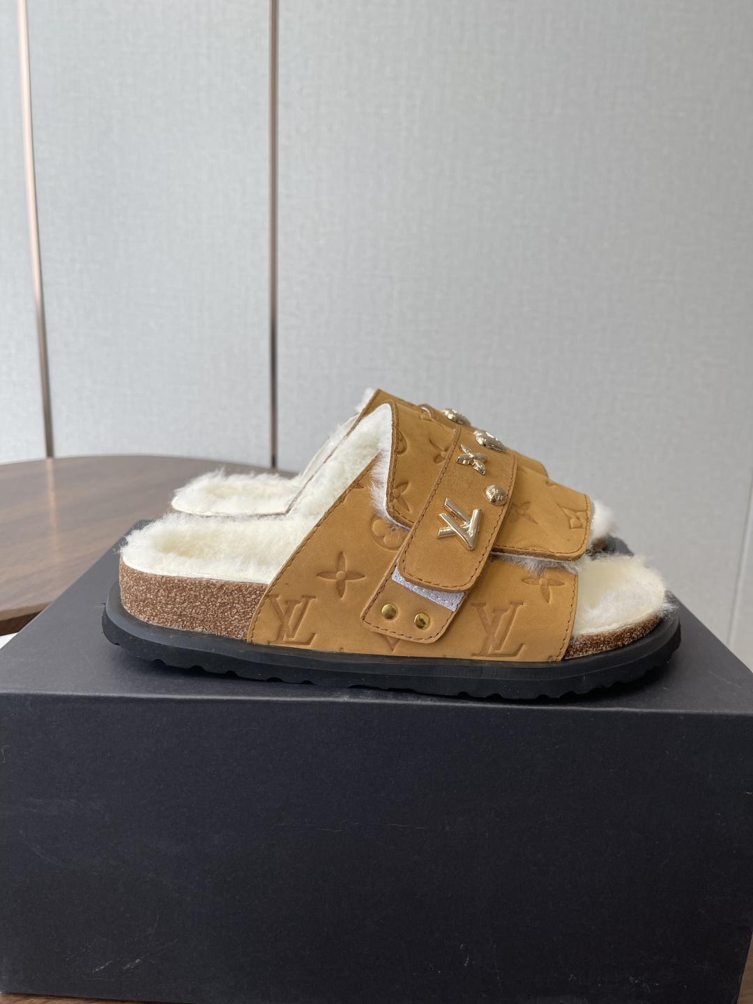 Louis Vuitton Monogram Shearling Slides - Tan Luxury Comfort Sandals