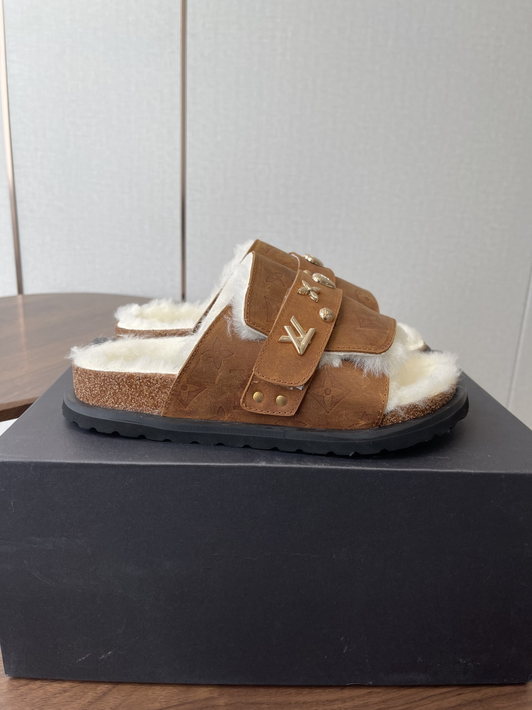 Luxury Monogram Fur Slides - Brown Leather Sandals with Gold Charms