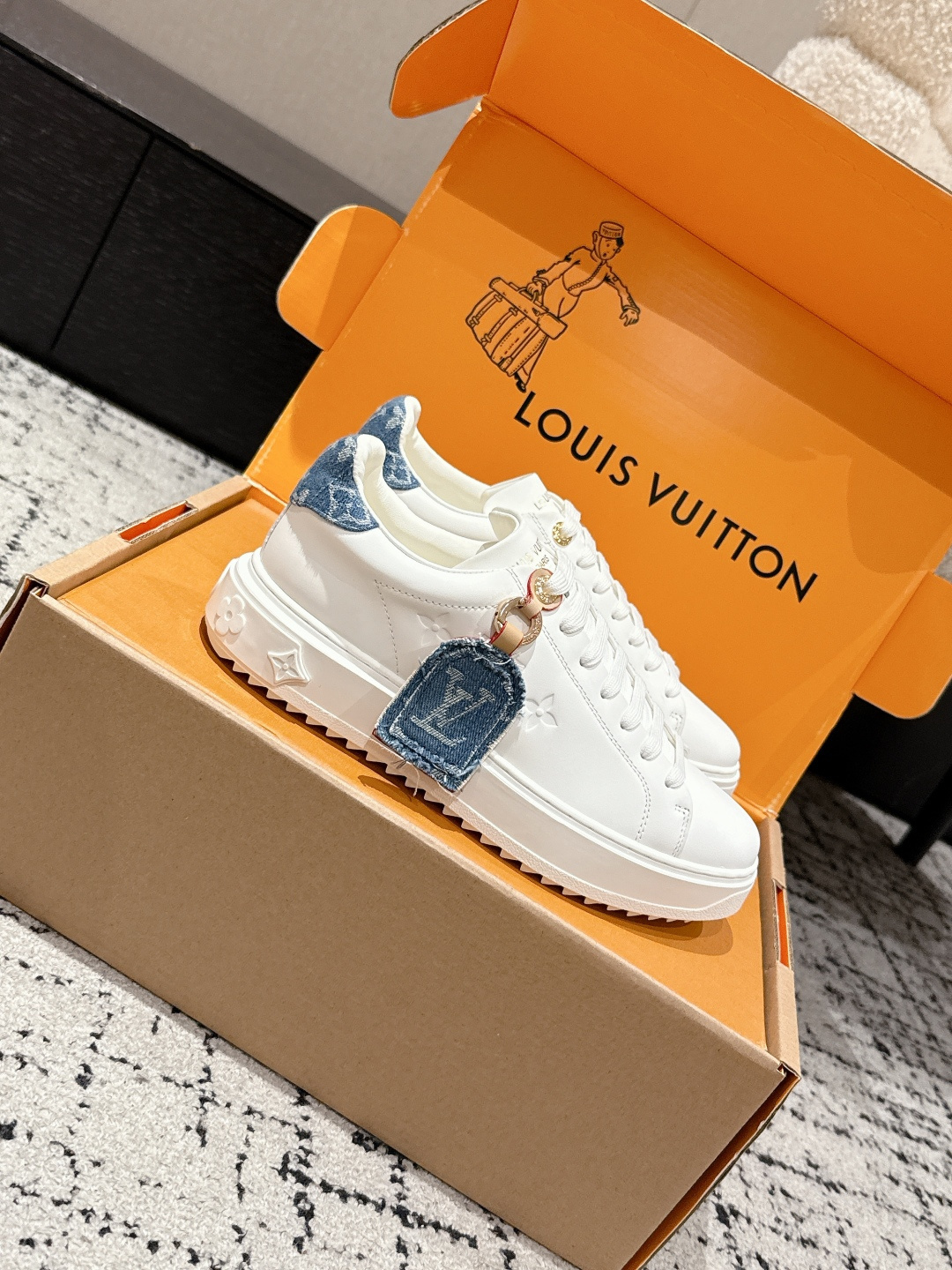 Louis Vuitton Frontrow Sneakers - White Leather & Monogram Denim