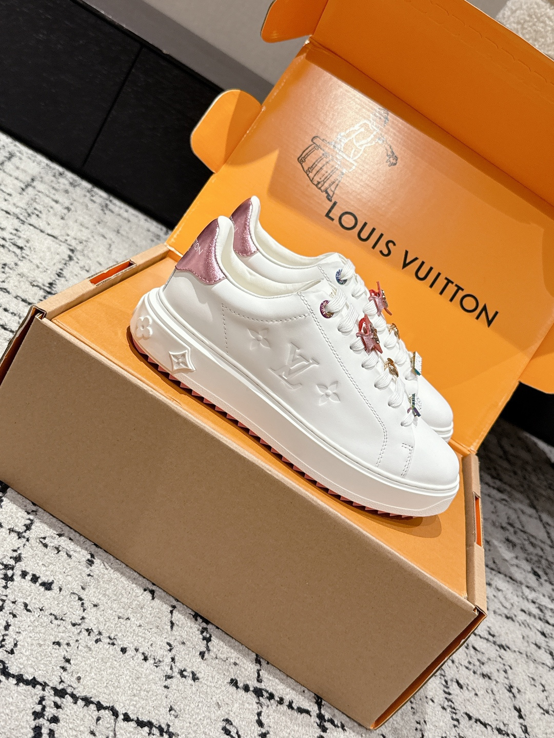 Louis Vuitton White Leather Sneakers with Designer Lace Charms