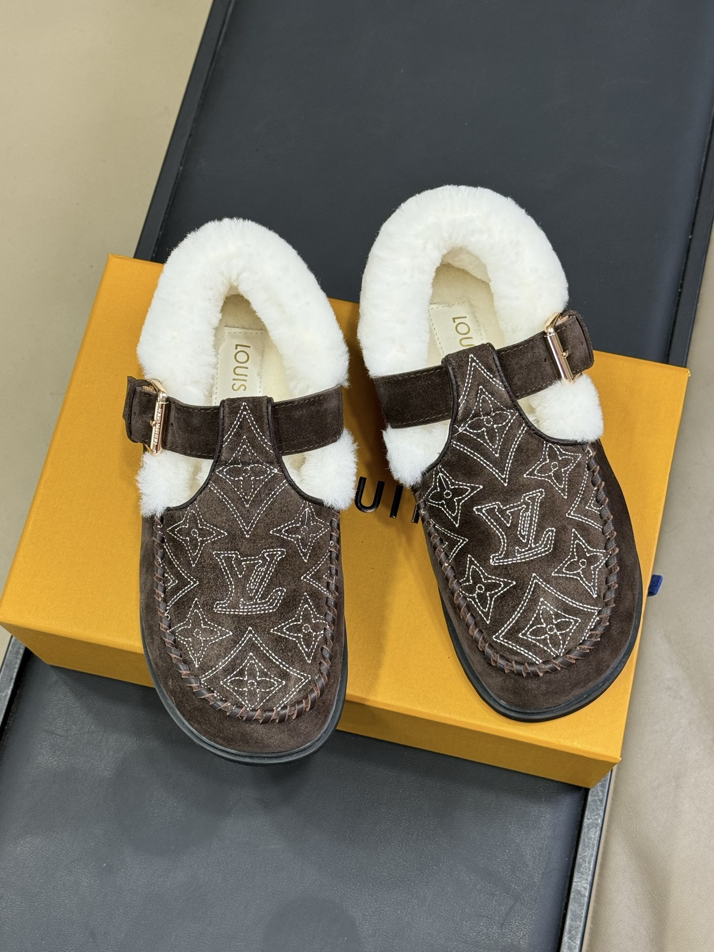 Luxury Brown Suede Shearling Loafers with Monogram Embroidery