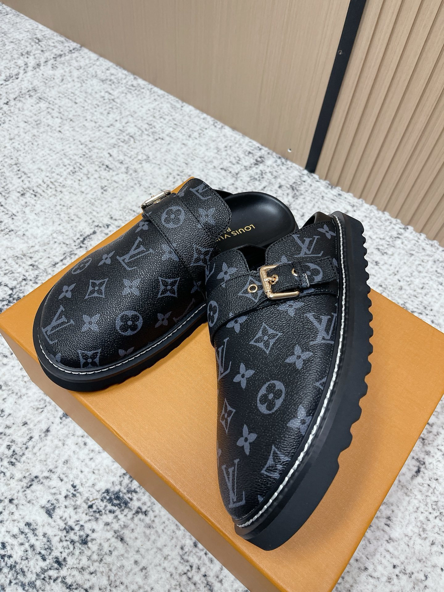 Louis Vuitton Monogram Eclipse Mules - Men's Luxury Buckle Slides