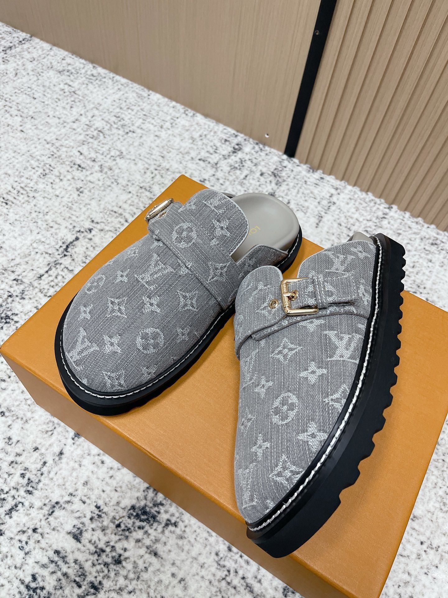 Luxury Grey Monogram Canvas Clog Mules - Designer Slippers
