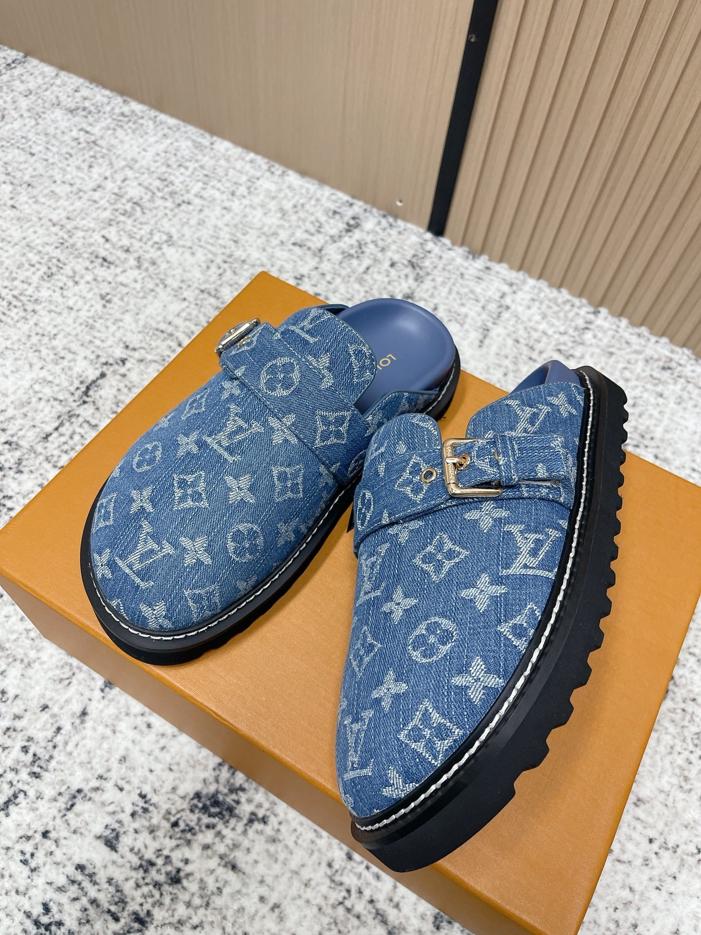 Luxury Blue Monogram Denim Mules with Adjustable Buckle Strap