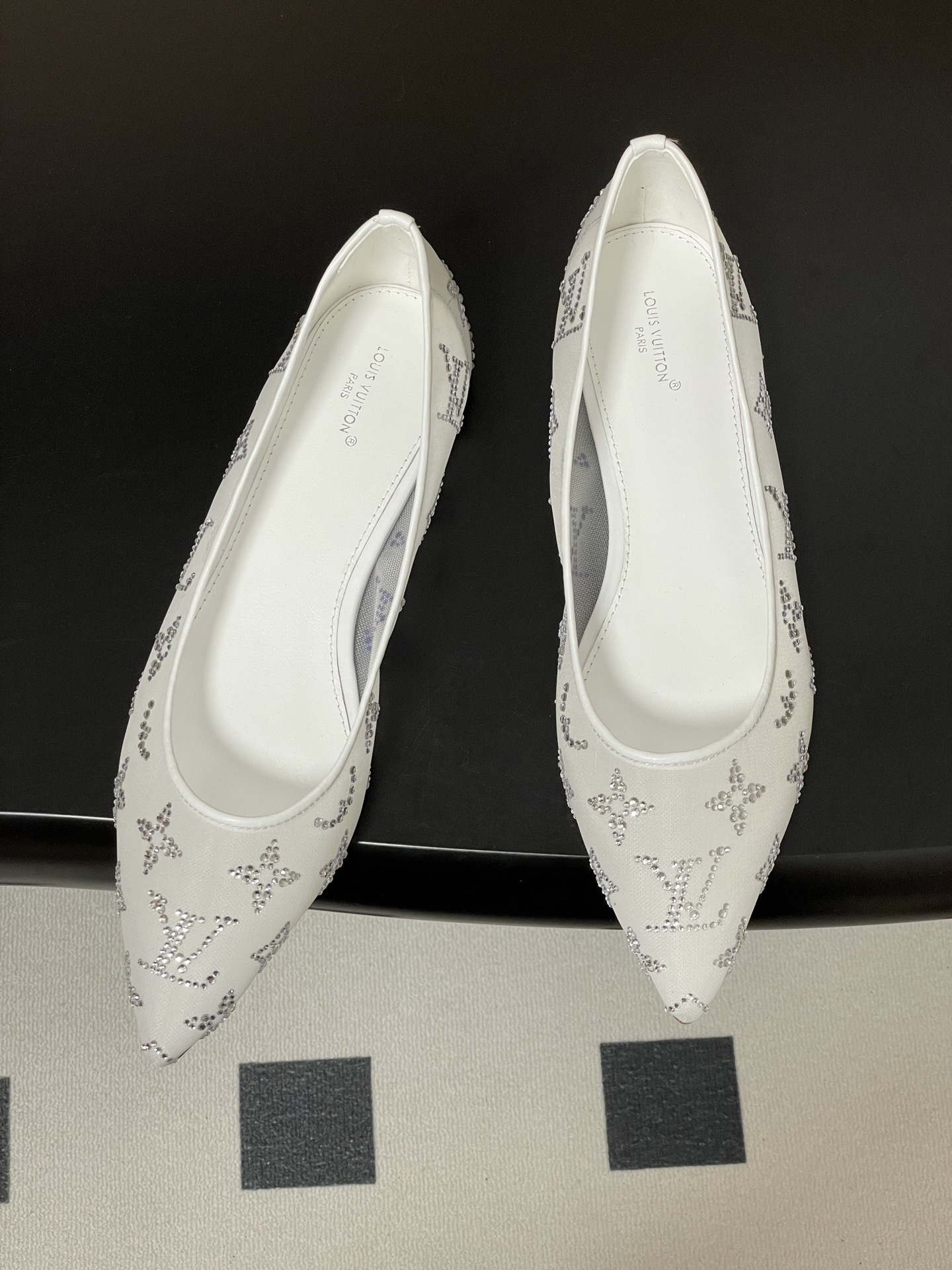 Luxury White Crystal Monogram Mesh Pointed Toe Ballet Flats