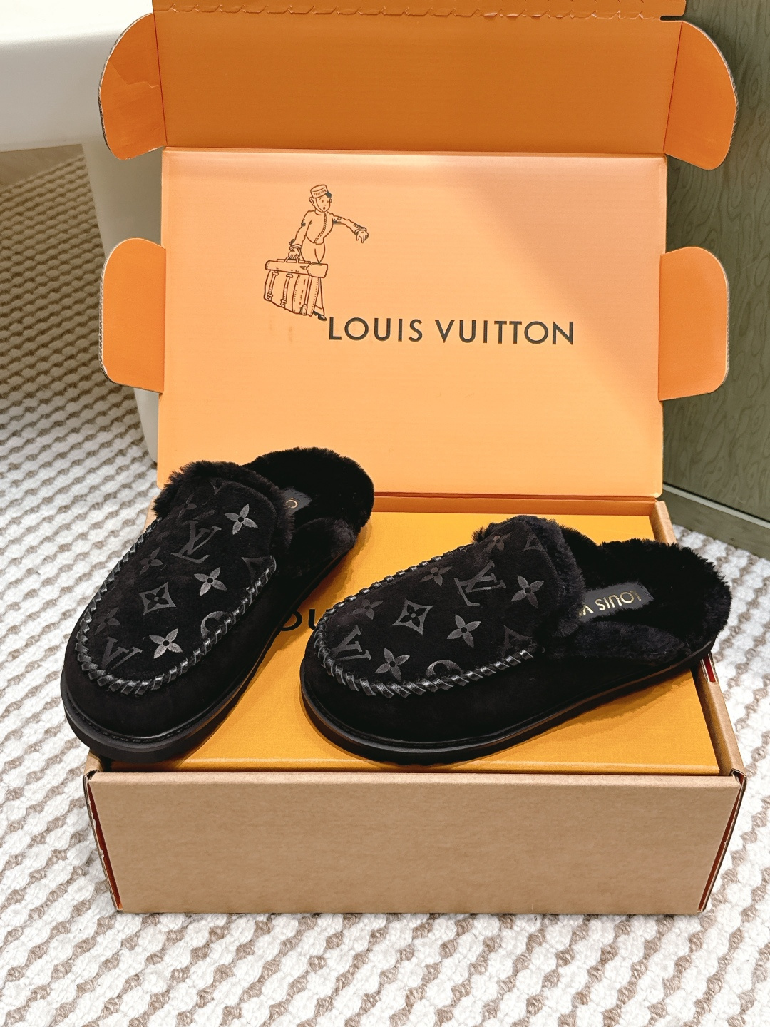 Louis Vuitton Black Monogram Shearling Luxury Fur Slippers