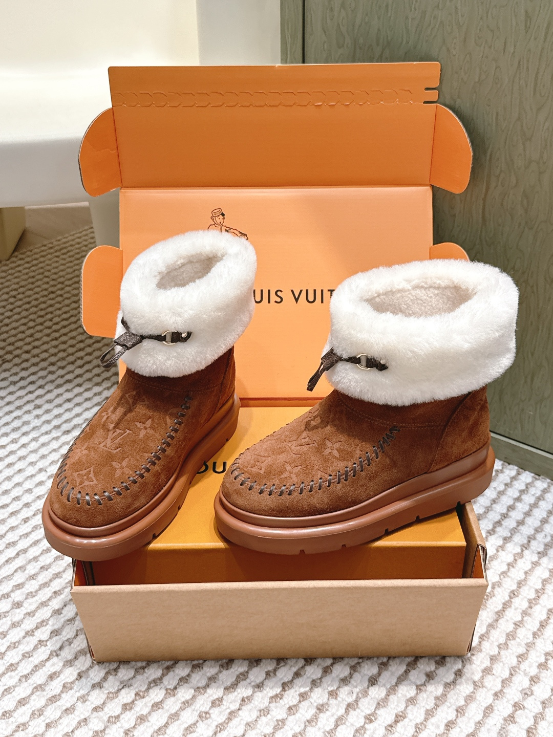 LV Monogram Suede & Shearling Comfort Winter Ankle Boots