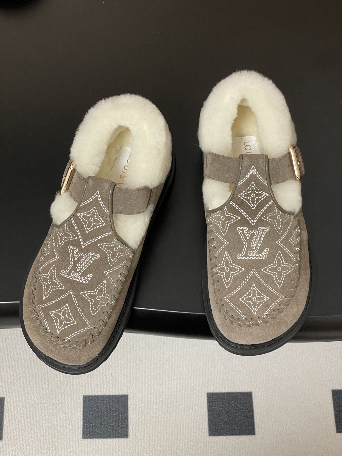 Luxury Suede Shearling Clogs with Monogram Embroidery