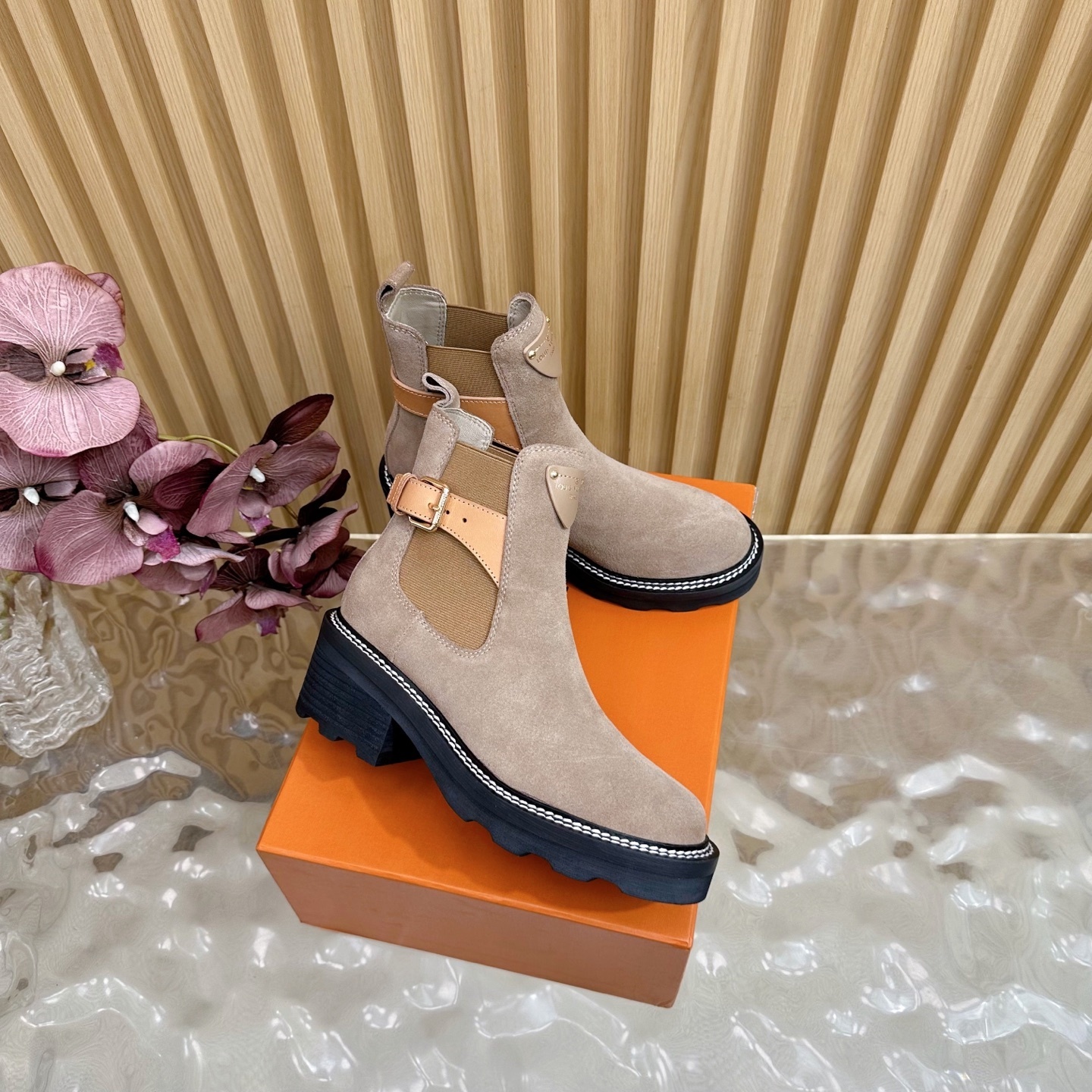 Women's Suede Ankle Chelsea Boots with Buckle Detail - Taupe