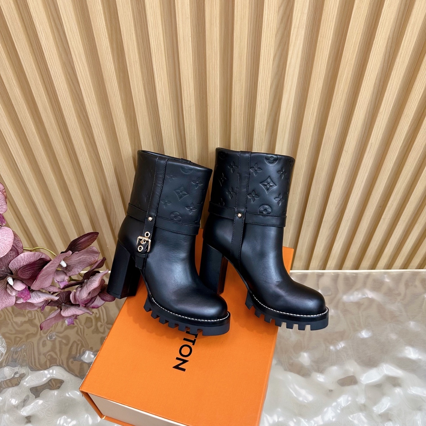 Luxury Monogram Black Leather Ankle Boots with Chunky Block Heel