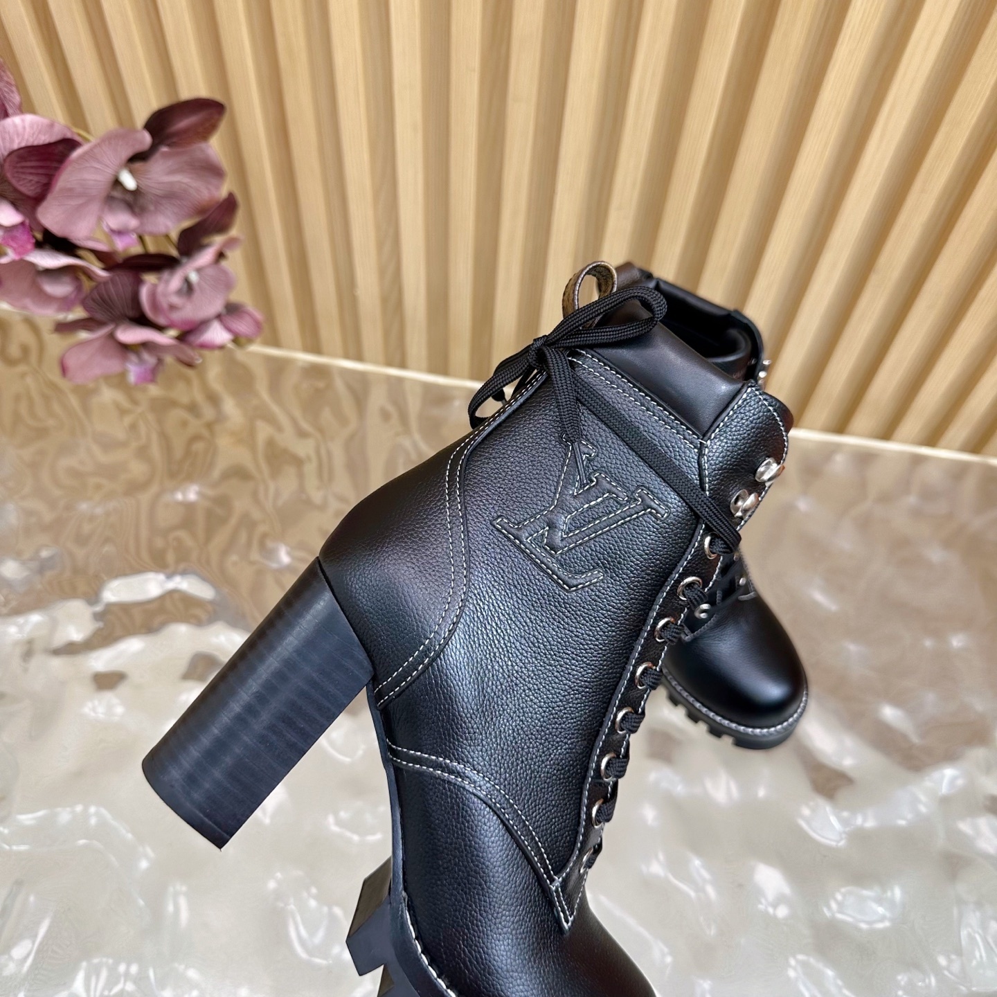 LV Black Leather Lace-Up Ankle Boots with Embroidered Logo