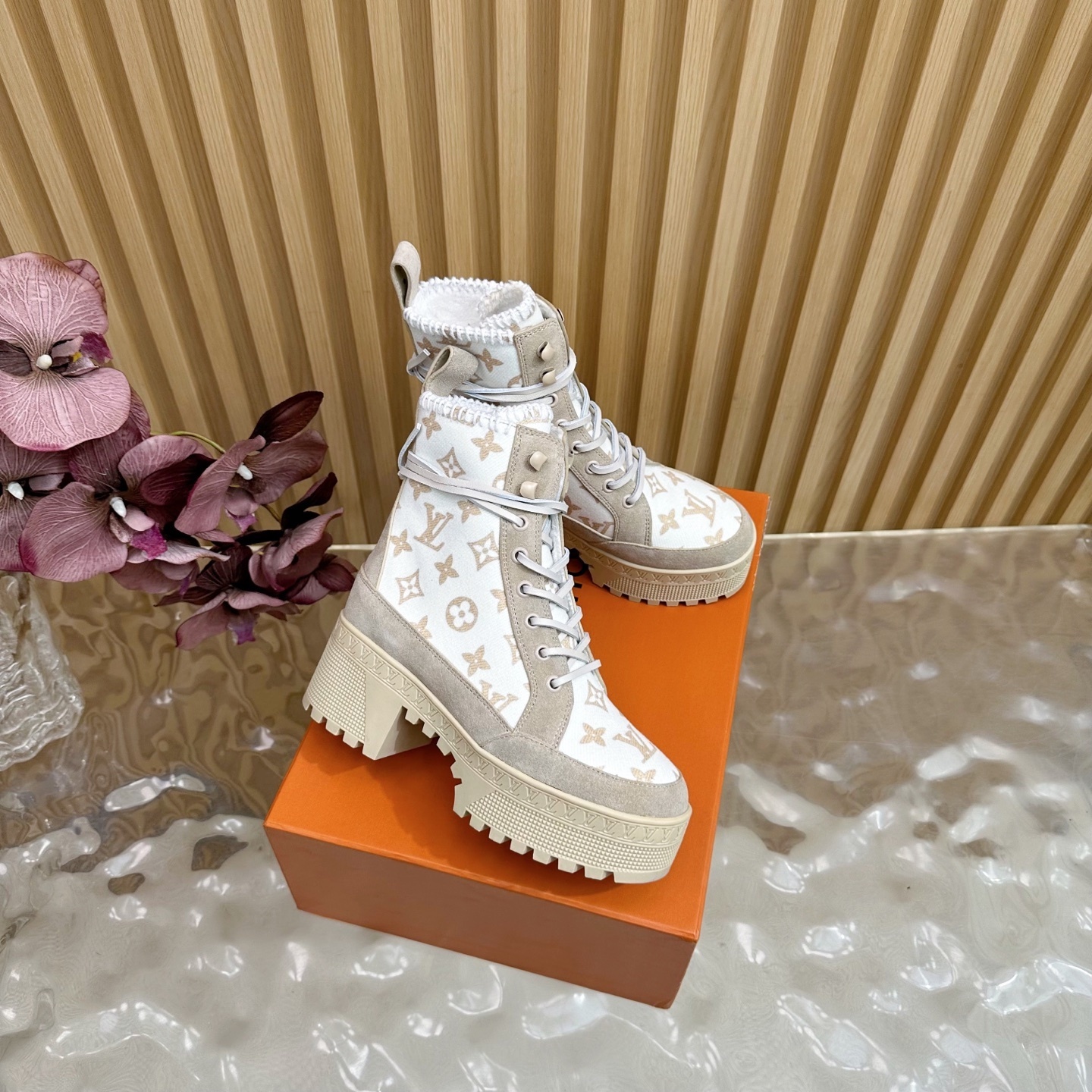 Luxury Beige Monogram Platform Boots - Women's Designer Lace-Up Shoes