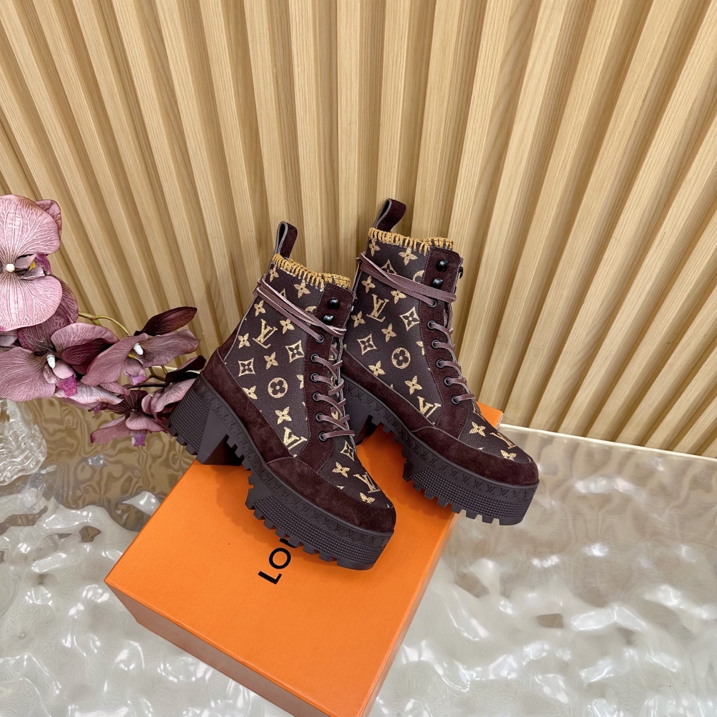Louis Vuitton Monogram Suede Platform Combat Boots