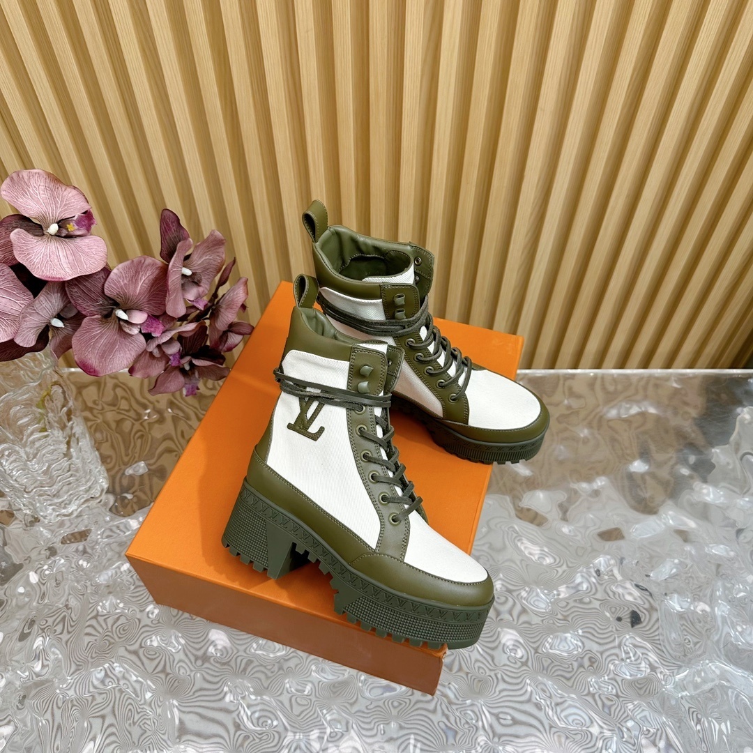 LV Style Olive Green & White Canvas Platform Ankle Boots