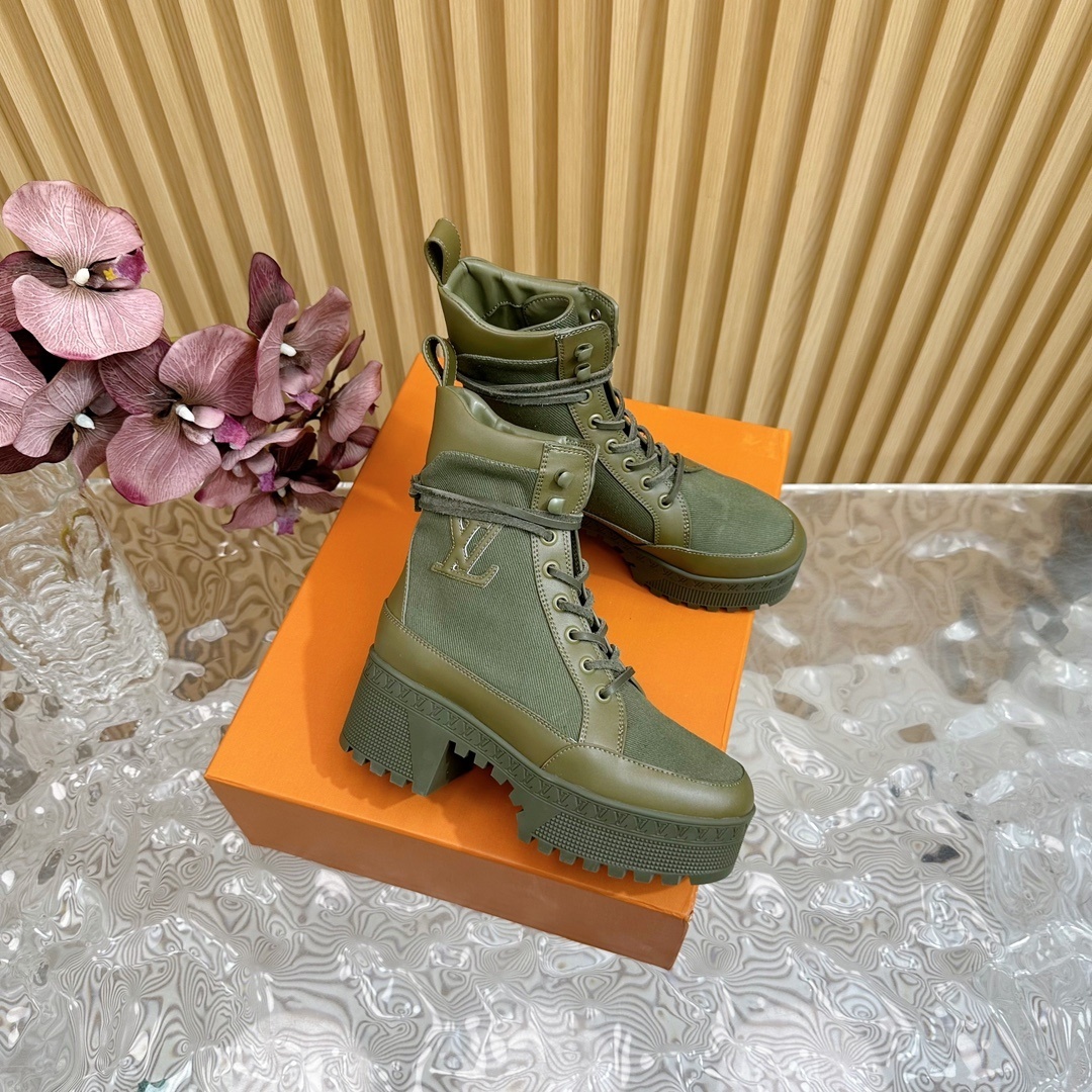Louis Vuitton Olive Green Platform Combat Ankle Boots for Women