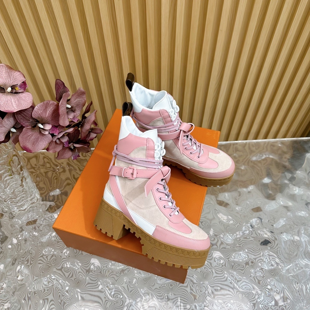 Women's Luxury Pink & White Platform Combat Boots - Stylish Booties