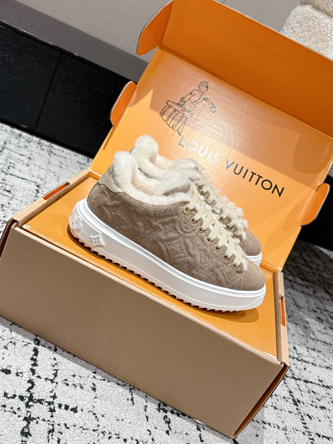 Louis Vuitton Shearling-Lined Monogram Suede Sneakers